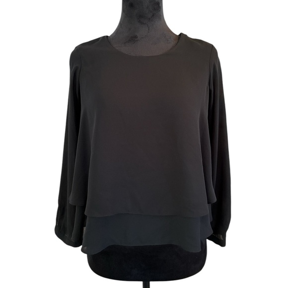 ZARA BASIC Black Tiered Layered Long Sleeve Blouse XS - Picture 2 of 8